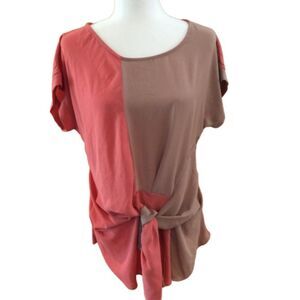 MALLOY Tan & Peach Color Block Tie Waist Short Sleeve Pullover Tunic Blouse S